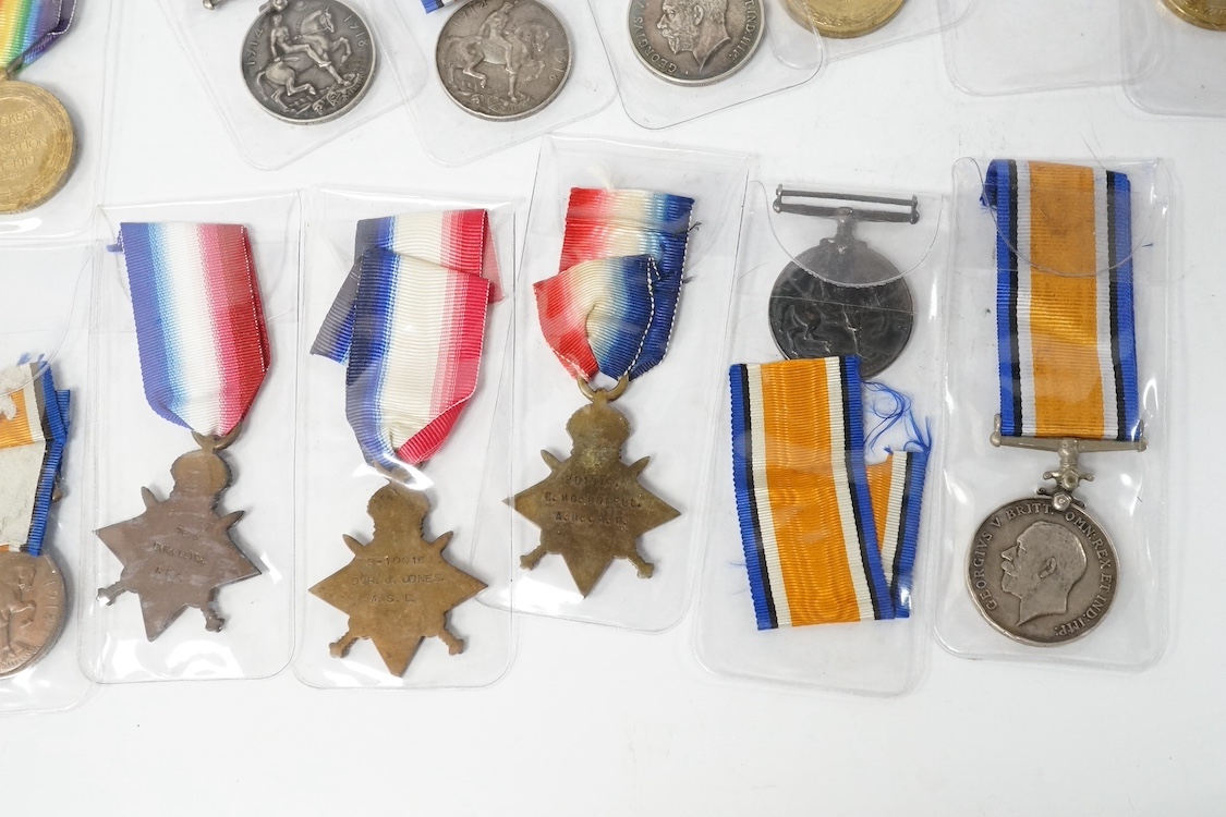 A collection of eighteen First World War medals including; eight British War Medals, five Victory Medals, four 1914-15 Stars, and one 1914 Star with clasp for 5th Aug - 22nd Nov. 1914, all named. Condition - poor to good